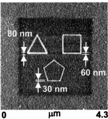 Figure 1.4  . Polygons written with MHA preformed with varying writing times. The darkened square 3 µm x 3 µm region was patterned afterwards by writing with ODT