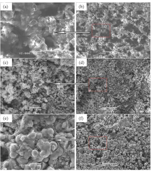 Figure 6. Disk surface corrosion layer morphology of the worn track: (a) (b) 60 min, (c) (d) 120 min, and (e) (f) 240 min (the samples were obtained after the wear test under different sliding times with 100 N loads, a 200 rpm sliding rate, and immersion i