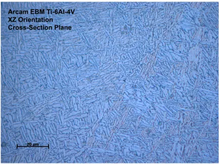 Figure 3.6:  Optical micrograph of an Arcam EBM fabricated Ti-6Al-4V alloy showing the two phase � (HCP)/� (BCC) microstructure