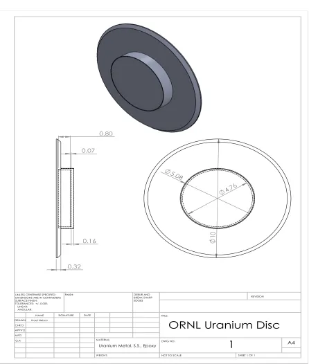 Figure 3.3 Dimensions of the HEU disc as prescribed from ORNL. The disc is made of stainless steel (shell),epoxy (adhesive), and HEU (4.76x0.07cm active source area).