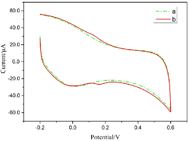 Figure 9. CV of 1 mM AA (a) and a solution of 1 mM AA mixed with 0.1 mM glucose, 0.1 mM dopamine and 0.1 mM hydrogen peroxide (b) in 0.1 M PBS (pH 7.0)