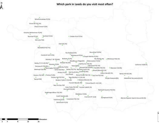 Figure 3.2 Map of most visited parks in Leeds in the past 12 months 
