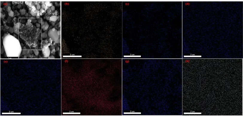 Figure 4.  (Colour online) Elemental mapping of Na0.02Mg0.03. a, SEM; b, Na mapping; c, Mg mapping; d, Mn mapping; e, Fe mapping; f, O mapping; g, P mapping; h, C mapping