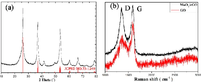 Figure 1.  XRD (a) of the as-synthesized MoO2/rGO composite, Raman spectra (b) of MoO2/rGO composite (blank) and GO (red)