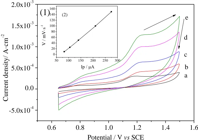 Figure 2 (2), the relationship between the peak current (Ip) and the scan rates is linear, indicating that the electrode reaction was a surface controlled process and that the electrolytic reaction could be influenced by the electrode [30]