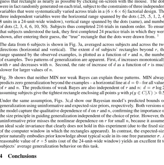 Fig. 3b shows that neither MIN nor weak Bayes can explain these patterns. MIN always predicts zero generalization beyond the examples – a horizontal line at S ' 0 – for all values of h and  