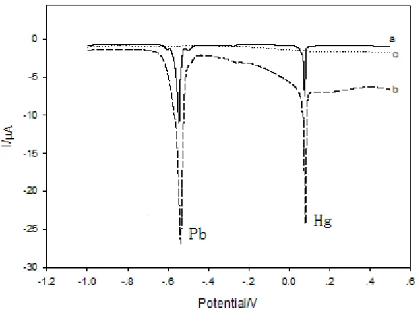Figure 2. SWASV responses of bare GCE (a), and ERGO/GCE (b) containing 1 μg/mL Pb2+ and 1 μg/mL Hg2+ and the blank experiment of ERGO/GCE (c)