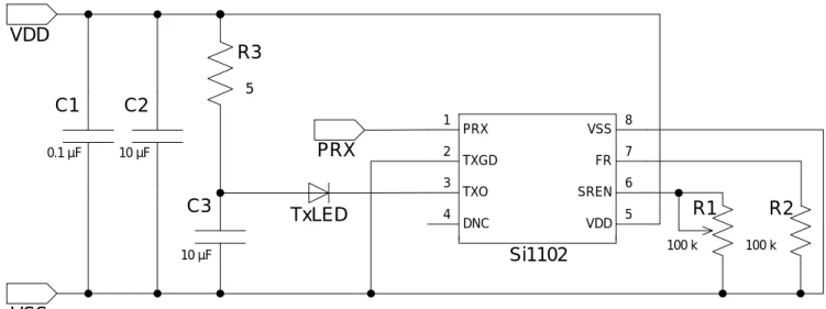 Figure 1. Application Example of the Proximity Sensor Using a Single SupplyPRX1PRX2TXGD3TXO4DNCVSSFRSRENVDD8765Si1102VDDVSSC1C2C3R3TxLEDR1 R20.1 µF10 µF10 µF5 100 k100 k