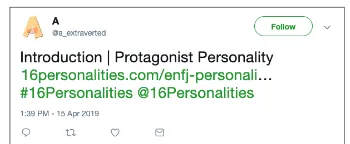 Figure 2: An example tweet including MBTI analysisby 16Personalities.