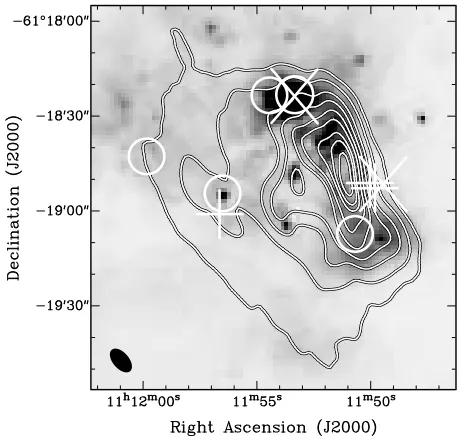 Fig. 3. 23-GHz continuum emission from the Hthe NGC 3576 complex (contours) overlaid on the 3.6 II region at the centre ofm SPITZER