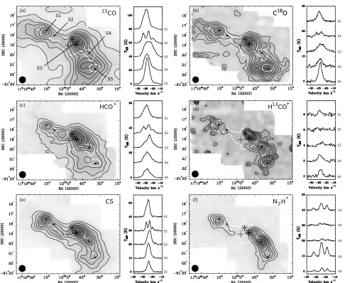 Fig. 7. Integrated intensity (zeroth-moment) maps of NGC 3576 in the six molecular transitions observed with the Mopra telescope (is a good tracer of the extended molecular envelope