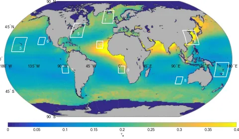 Fig. 1  Global ocean 휏a distribution, averaged from 2003 through 2015. Regions are (1) Iceland, (2) Vanuatu, (3) Hawaii, (4) US, (5) China, (6) Californian, (7) Peruvian, (8) Australian, (9) Namibian and (10), in all cases excluding land-covered grid points