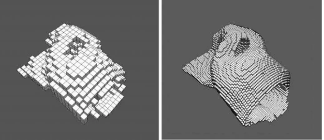 Fig. 2. Voxelization resolution ranges from 5-90 cm enabling an almost accurate rep- rep-resentation of the curved geometry