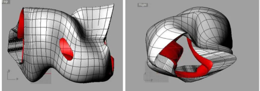 Fig. 3. Image showing top- and right-view of the kiosk as a 3D NURBS-model, which has been employed in the voxelization and layout study.