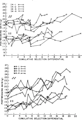 FIGURE 3.-Generation cates means for male and female postweaning gain in the individual repli- of the I4 and M4 populations, plotted against the cumulative selection differential