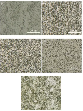 Figure 3.  OM images of the microstructures of the HAZ samples experiencing only the GMAW thermal cycle: (a) SHAZ; (b) ICHAZ; (c) SCHAZ; (d) CGHAZ-1 and (e) CGHAZ-2