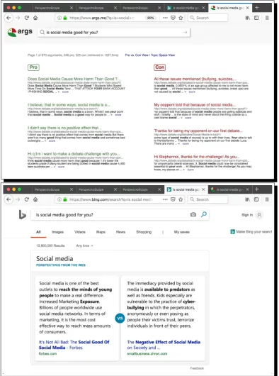 Figure 4: Related work: args.mebing.com an argument retrieval engine using arguments extracted from debate websites; search engine showing contrasting views on a debate topic.