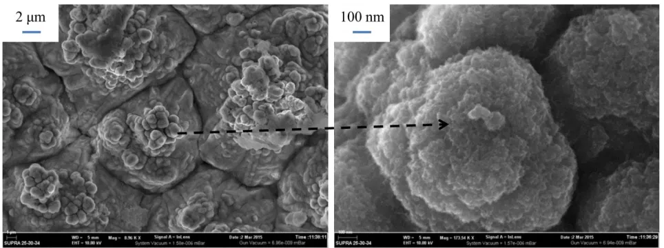 Figure 9. SEM images of silicon film on Cu-foil substrate (0.033 mg/cmgalvanostatic charge-discharge cycles 