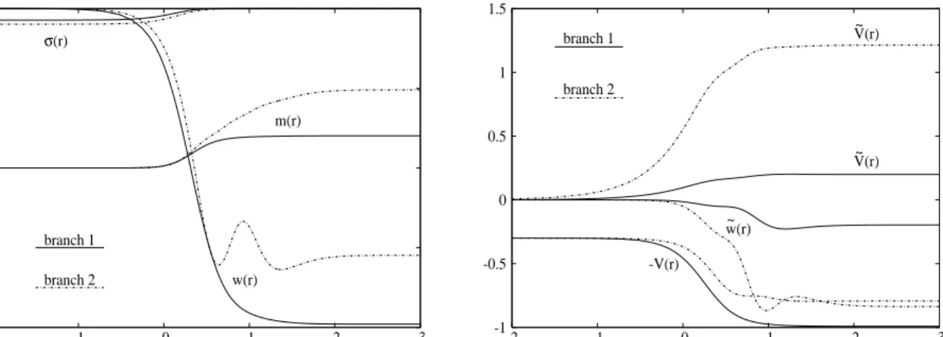 Figure 4: The profiles of two typical globally regular EYMS solutions are presented as function of the radial coordinate r