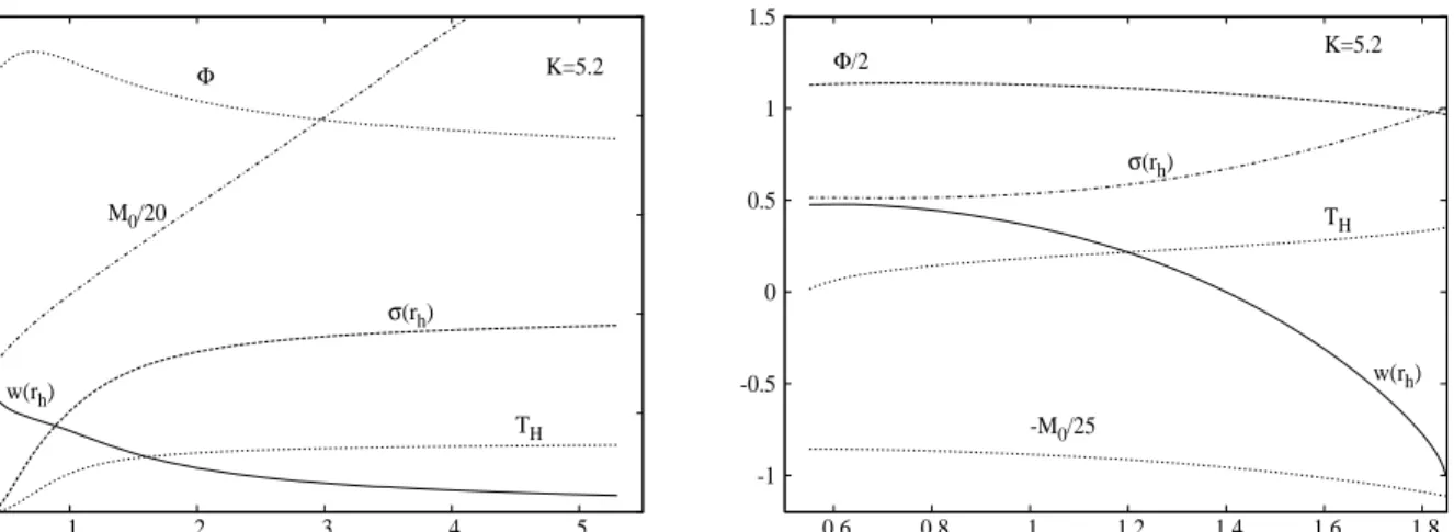 Figure 7: The mass parameter M 0 , the value at the horizon of the metric function σ(r) and the magnetic gauge potential w(r), the electrostatic potential Φ and the Hawking temperature are plot as a functions of the CS coupling constant κ (left) and of the