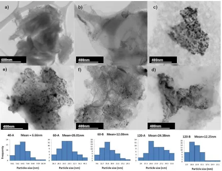 Figure 2. Bright field STEM micrographs of a) GO, b) 40-A, c) 60-A, d) 60-B, e) 120-A, f) 120-B samples