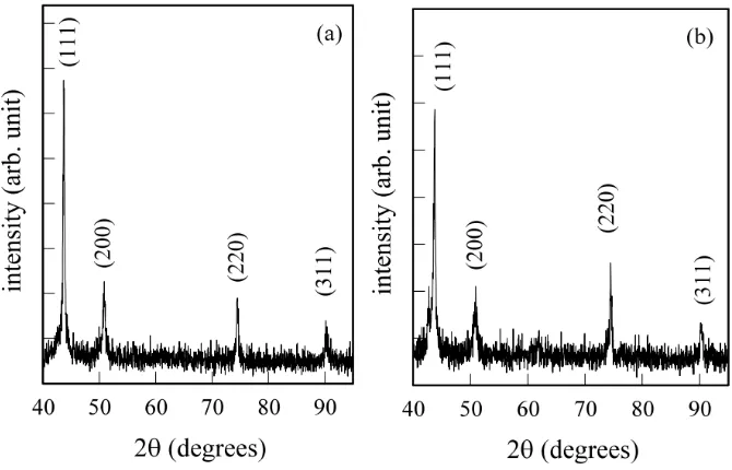 Figure 5. SEM images of Cu–Zr films electrodeposited at (a) 0.5 MHz and (b) 0.9 MHz using solution B