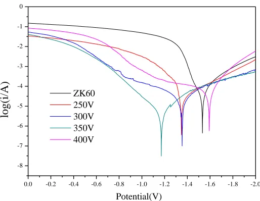 Figure 5. Electrochemical polarization curves of ZK60 alloys with different MAO coatings and without coatings measured in SBF solutions at 37 ± 0.5 °C 