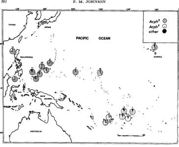 FIGURE 2.-Map and analyzed for of the Pacific shaving the locations from which D. ammssae were collected Acph, and the frequencies of Acph alleles determined for each of these collections