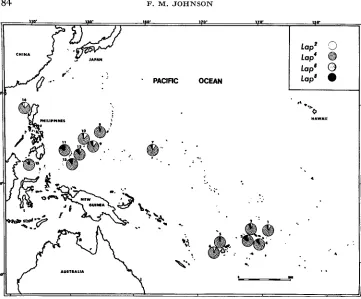 FIGURE 4.-Map of the Pacific showing the locations and analyzed for from which D. ananassae were collected Lap, and the frequencies of L a p  alleles determined for each of these collections