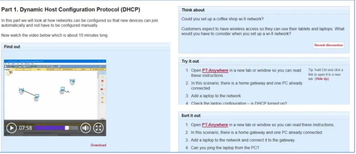 Figure 2: Screenshots from the Open Networking Lab online course showing screencast video (left) and  activities (right) 