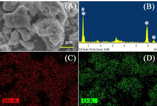 Figure 2. (A) SEM image, (B) EDS spectrum, and (C, D) elemental color mapping of the prepared Mn2O3