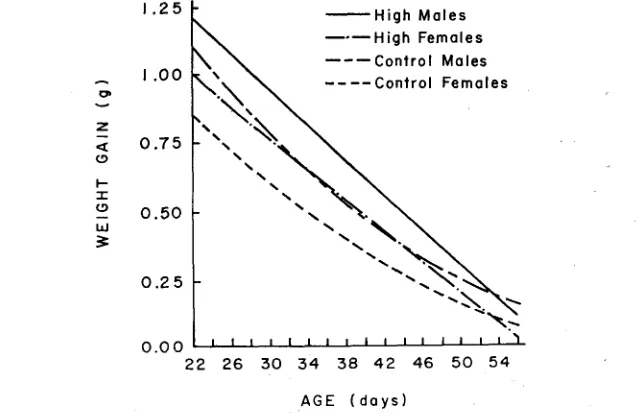 FIGURE 2b.-The regressions of feed efficiency (gain/feed) on age (days) under ad libitum feeding