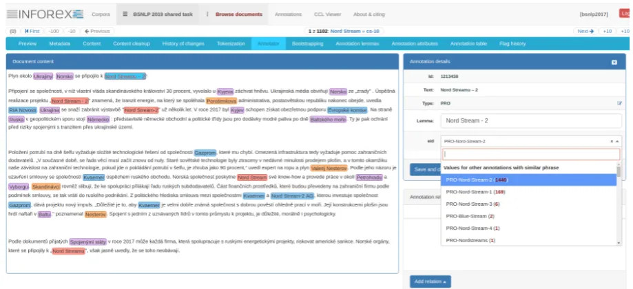 Figure 1: Screenshot of the Inforex Web interface, the tool used for data annotation