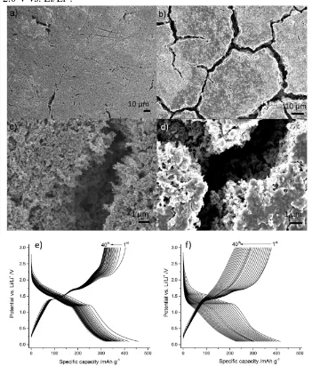 Figure 8.  Scanning electron microscopy (SEM) images of electrodes (after cycling for 40 cycles) from cells made using (a, c) a TiO2/MoO2 composite active material and (b, d) a pure MoO2 active material