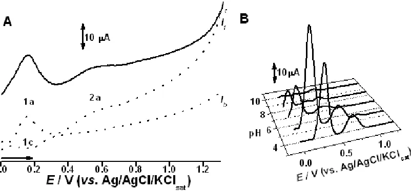 Figure 2 . A. SW voltammograms of BT1. Pulse amplitude 50 mV, frequency of 50 Hz and a potential increment of 2 mV, corresponding to an effective scan rate (ʋ) of 100 mVs-1