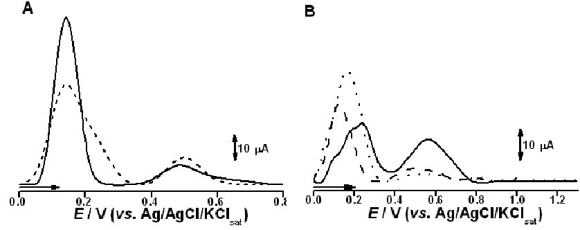 Figure 3. A.  DP voltammogram of polyphenol Standards: catechin (▬); gallic acid (▪▪▪)