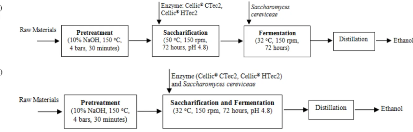Fig. 1. Experimental set up of separate hydrolysis and fermentation; (a) simultaneous saccharification and fermentation; (b) processes