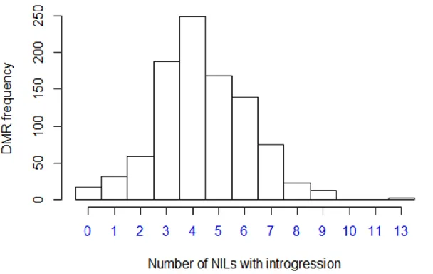 Figure S3   Distribution of informative NIL number per DMR. Note: the majority of DMRs have 3-6 NILs with introgressions