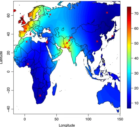 Figure 9 Extrapolated spatial distribution of the selection coefﬁcient sijat locus 213910C / T, conditionally on allele 213910T being selectedfor, across African and Eurasian populations.