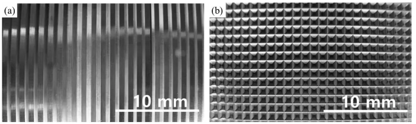 Figure 3. Optical micrographs (OMs) of textured surfaces on electroformed substrate. (a) V-shape; (b) pyramid-shape