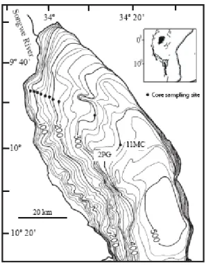 Figure 2.1. Coring locations in Lake Malawi’s northern basin, core 2MC is the most  nearshore core in the sampling line (82 m water depth), and core names increase  numerically until core 11MC (demarked) at 386 m water depth