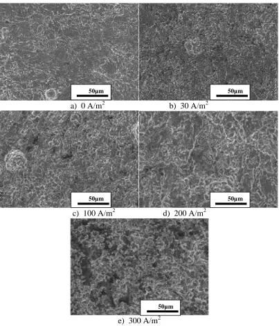 Figure 8. Microscopic morphology of X80 pipeline steel in 3.5% NaCl solution under the coupling of 165.6 MPa stress and different electrical densities of AC 