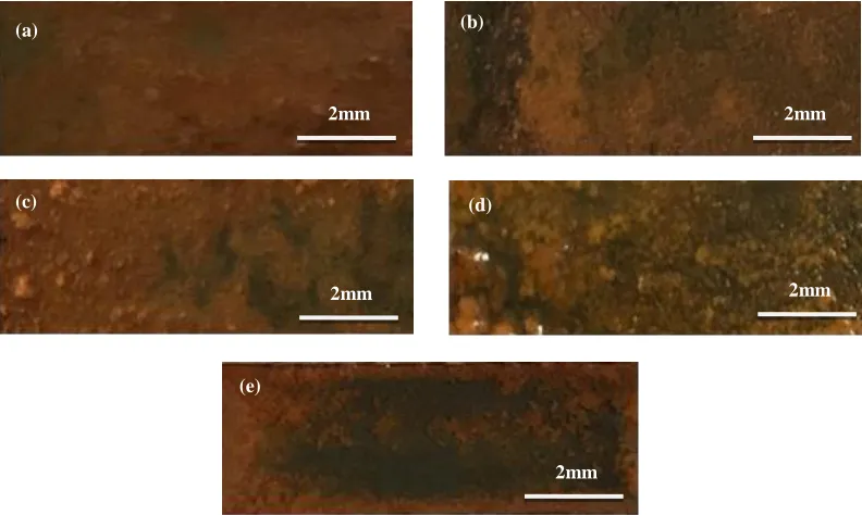 Figure 6. corrosion morphology of X80 steel samples in 3.5%NaCl solution at different AC stray current densities (A) 0A/m2, (B) 30A/m2, (C) 100A/m2, (D) 200A/m2, and (E) 300A/m2 
