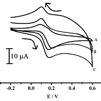 Figure 6.  Cyclic voltammogram of 1X10-5 M DA in 0.2M PBS pH 7.4 at (A) bare CPE, (B) a MCPE prepared with SDS-NiO nanoparticles and (C) a MCPE prepared with CTAB- NiO nanoparticles
