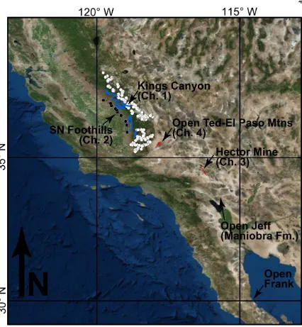 Figure 1.  Regional overview map showing the locations of each of the Chapters of this thesis, 