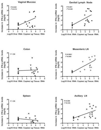 FIG. 2. Correlation between tissue vRNA levels and IFN-�the ﬁrst 28 days p.i. Each symbol represents an individual animal