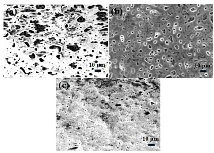 Figure 2. SEM micrographs of the MAO coatings prepared in varied KOH concentrations（a–c: 0.01, 0.05, and 0.1 M KOH, respectively）  