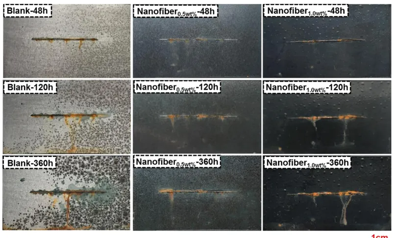 Figure 12.  Photographs of pure epoxy, nanofiber-0.5# and nanofiber-1.0# coating samples after 48, 120 and 360 h exposure to salt spray test  