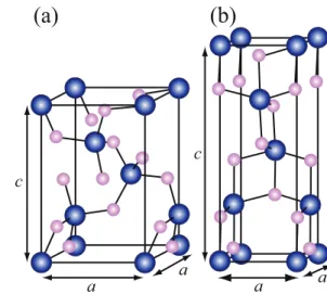 Fig. 7. (Color online) Unit cells of (a) fourfold and (b) sixfold c-GeO 2 . The solid cube represents the unit-cell volume, and the blue (dark) and pink (light) balls are Ge and O atoms, respectively.