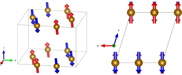 Fig. 4.3 Magnetic structure of FePS 3 showing Fe ions only for clarity. The two differing orientations of magnetic moments are shown in distinct colours, pointing normal to the ab planes, along c ∗ 